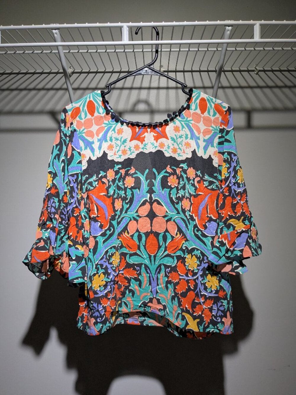 Maeve Anthropologie Folkart Silk Top 12P Boho Floral Pom Pom Kimono Peasant Whim